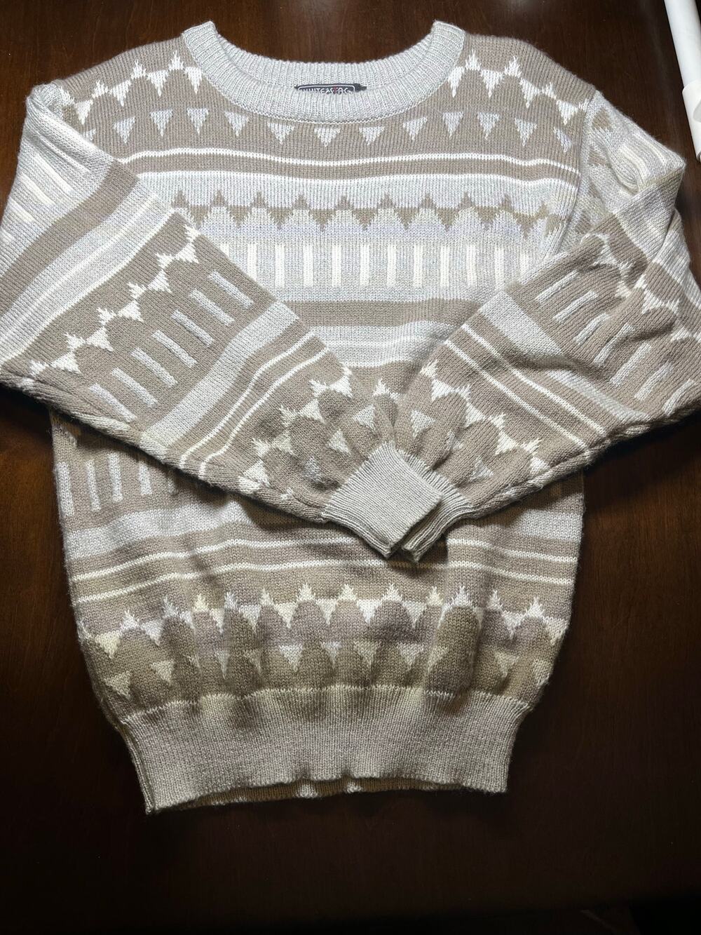 White Stag Wool Blend Fair Isle Sweater Small Neutral Beige Brown Geometric